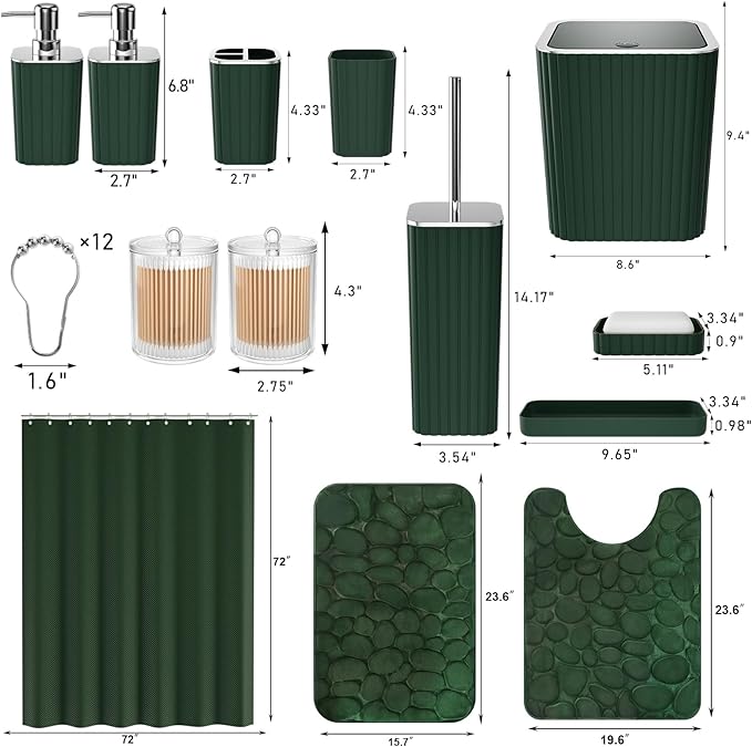 XLHOMO Bathroom Set- 25PC Green Bathroom Sets, Bathroom Set with Shower Curtain and Rugs, Dark Green Shower Curtain Set, Bathroom Accessories Set, Bathroom Trash Can