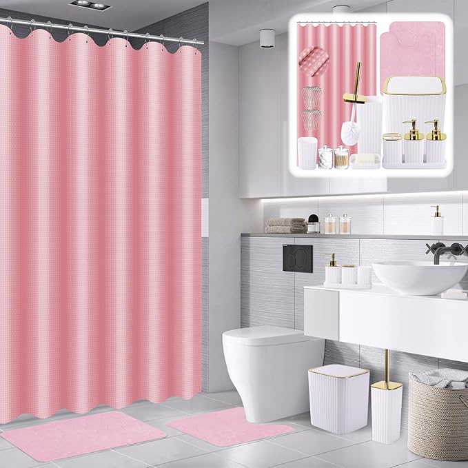 XLHOMO Bathroom Accessories Set- 25PC White Bathroom Set, Bathroom Set with Shower Curtain and Rugs, Pink Shower Curtain Set, Soap Dish & Trash Can