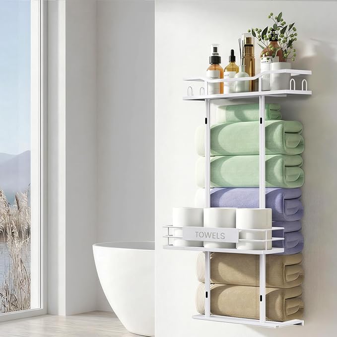 Towel Racks for Bathroom, 30inch Wall Mounted Towel Rack, Towel Storage for Small Bathroom Can Holds 6 Large Towels, Floating Shelf with Adjustable Tissue Basket.(White)