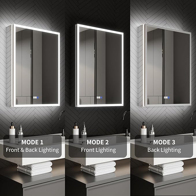 ExBrite 24 x 32 Lighted Medicine Cabinet with Mirror, Front&Backlit led Medicine Cabinet,Defog,5X Magnifier,3 Colors Temper Dimmable,Surface or Recessed Mount,Hinge on the Right