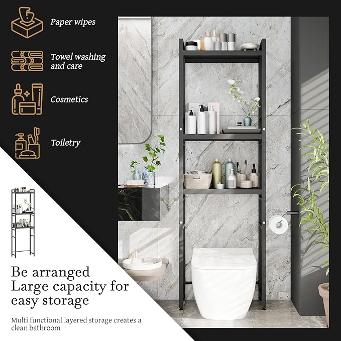 Over Toilet Shelf with Adjustable 3-Tier Shelves & Anti-Slip Base, Freestanding Bathroom Storage Rack, Heavy-Duty Carbon Steel Organizer, Space Saving for Bathroom Laundry, 52x22x162cm Black
