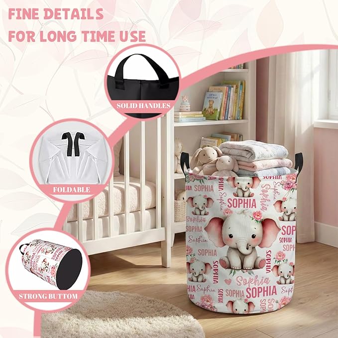 Custom Elephant Laundry Baskets,Personalized Elephant Gifts,Customize Name Laundry Hamper for Boys Girls Adults,Collapsible Clothes Storage Organizer,16.5 x 13.8in