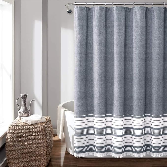 Lush Decor Nantucket Yarn Dyed Cotton Blend Tassel Fringe Shower Curtain Single 72" W x 72" L Navy - Blue Shower Curtains for Bathroom Curtain