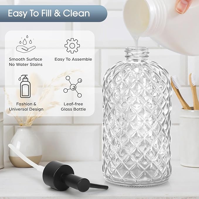 Topsky Gem Glass Soap Dispenser with Black Plastic Pump, 13oz Liquid Hand Soap Dispenser, Rustproof Pump for Kitchen & Bathroom, Great for Lotions, Essential Oil, Liquid Soaps-Clear