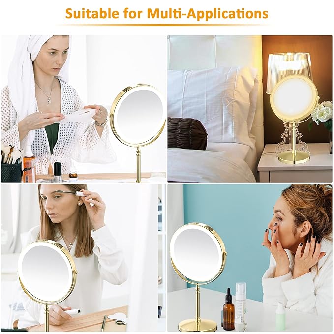 Rechargeable 8'' Lighted Makeup Mirror, 1X 10X Magnifying Vanity Mirror with 3 Color LED Lights, Touch Sensor Adjust Brightness Double-Sided Cosmetic Mirror, Gold Finish