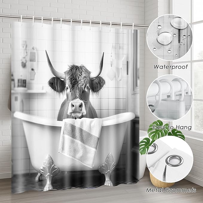 ArtSocket Highland Cow Bathroom Set with Shower Curtain and Rugs and Accessories, Funny Farmhouse Bull in Bathtub Cute Grey Shower Curtain for Bathroom Decor 4 Pcs