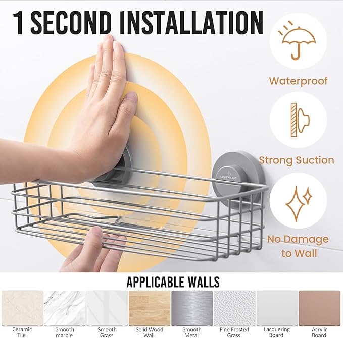 LEVERLOC Shower Caddy Suction Cup, 2 Pack Shelves for Inside with Hooks and Soap Organizer, NO-Drilling Bathroom Shelves, Rustproof Meatl Bathroom Holder, Grey
