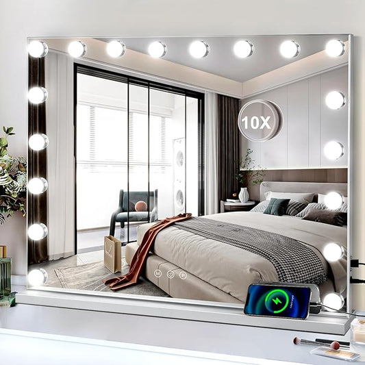 Vanity Mirror with Lights, 28” x 22” Large Hollywood Vanity Mirror, 3Color Models Touch Screen Control, 18 Bulbs LED Lights Mirror & 10X Magnifying Mirror, Tabletop or Wall-Mounted