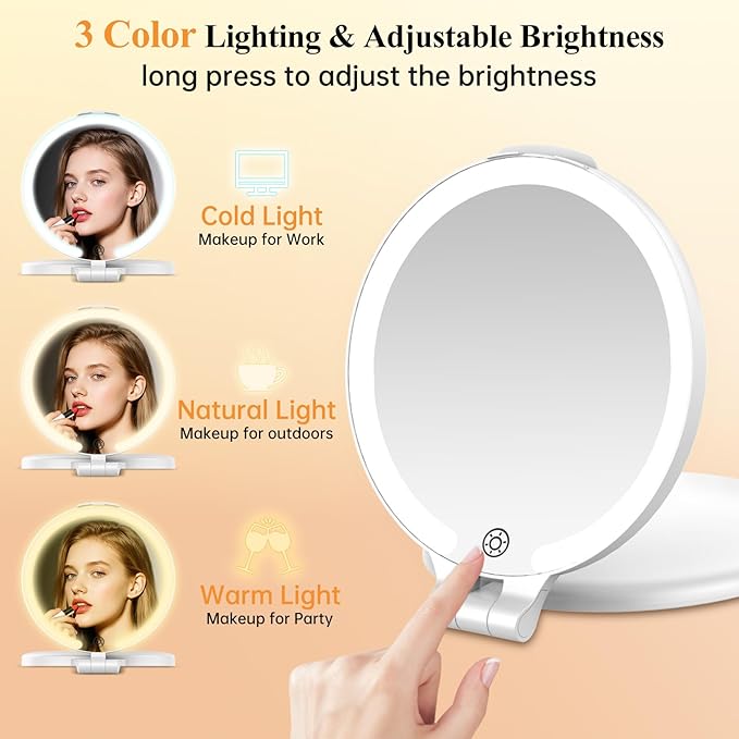 FUNTOUCH Rechargeable Travel Makeup Mirror 30X Magnification, 7" Lighted Portable Vanity Mirror with 3 Colors Lighting & Stepless Dimming, Double Sided LED Mirror, Gift for Women,White