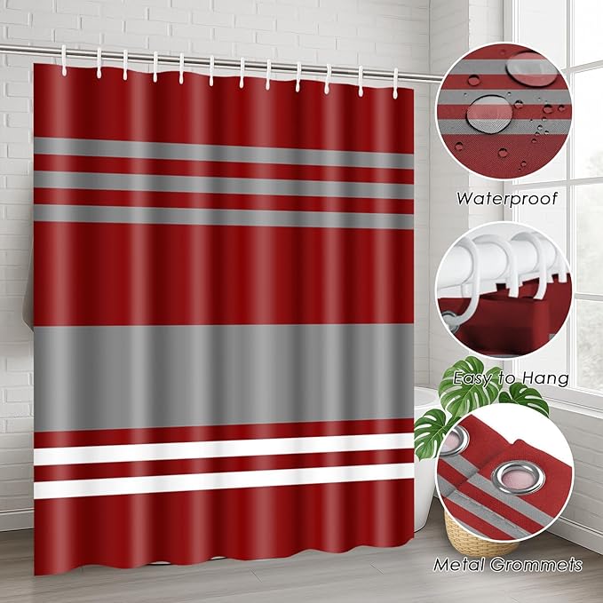ArtSocket Burgundy Stripes Bathroom Set with Shower Curtain and Rugs Accessory, Grey Line Vintage Abstract Beautiful Shower Curtain for Bathroom Decor 4 Pcs