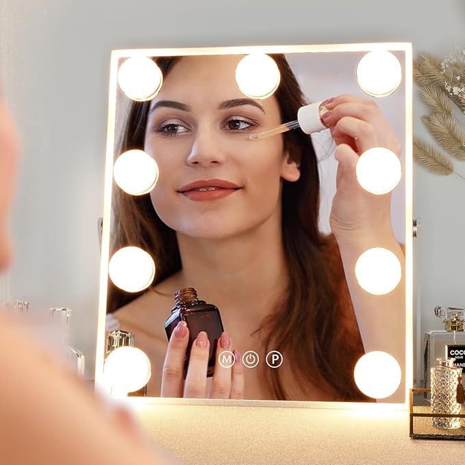 Hollywood Vanity Mirror with Lights, 9 LED Bulbs Hollywood Makeup Mirror, Tabletop Vanity Lighted Mirror with 3 Color Lighting Modes, Smart Touch Control, White