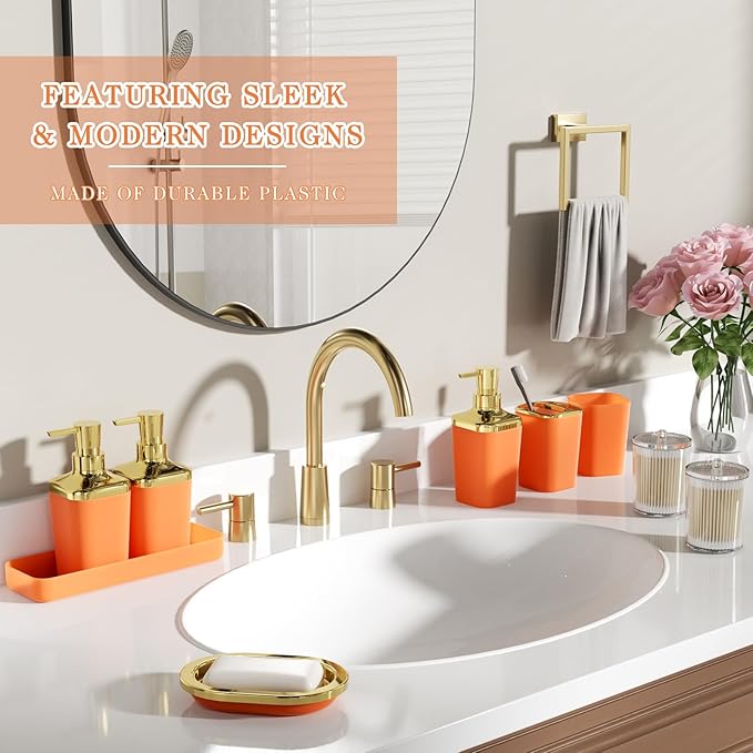 Bathroom Set - 27PC Bathroom Sets with Shower Curtain and Rugs, Orange Bathroom Set, Orange Bathroom Accessories Set with Push-lid Trash Can, Toilet Brush & Soap Dispensers