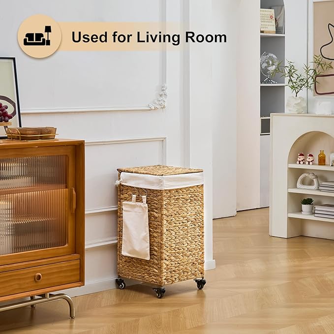 Handwoven Hamper with Lid, Laundry Basket with Wheels, Machine Washable Liner, Clothes Hamper for Bathroom Laundry Room Bedroom(Natural, 78L)