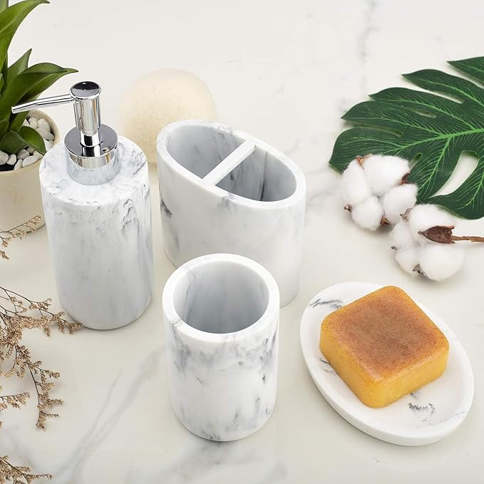 L'ARL GMVOI Bathroom Accessories Set,4 Pieces Marble Bathroom Vanity Countertop Accessory Set with Bathroom Toothbrush Holder Set,Soap Dispenser,Tumbler,Soap Dish for Bathroom Home Decor