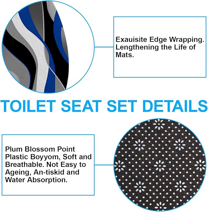 beifivcl 4Pcs Blue Shower Curtain Sets with Non-Slip Rugs, Toilet Lid Cover and Bath Mat, Black and Gray Bathroom Decor Set Accessories Fabric Waterproof Shower Curtains with 12 Hooks, 72 x 72 Inch