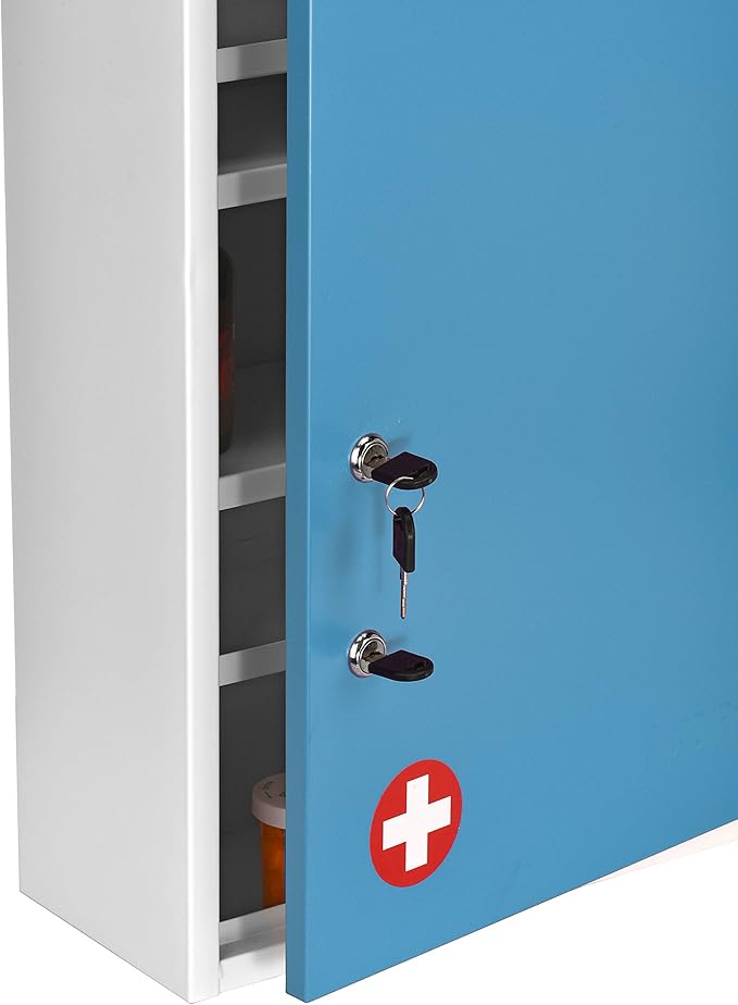 AdirMed Locking Medicine Cabinet Wall Mounted First Aid Cabinet with Lock, Lockable Wall Medicine Cabinet with Dual Lock and Dual Keys, 21" H x 16" W x 6" D, Blue