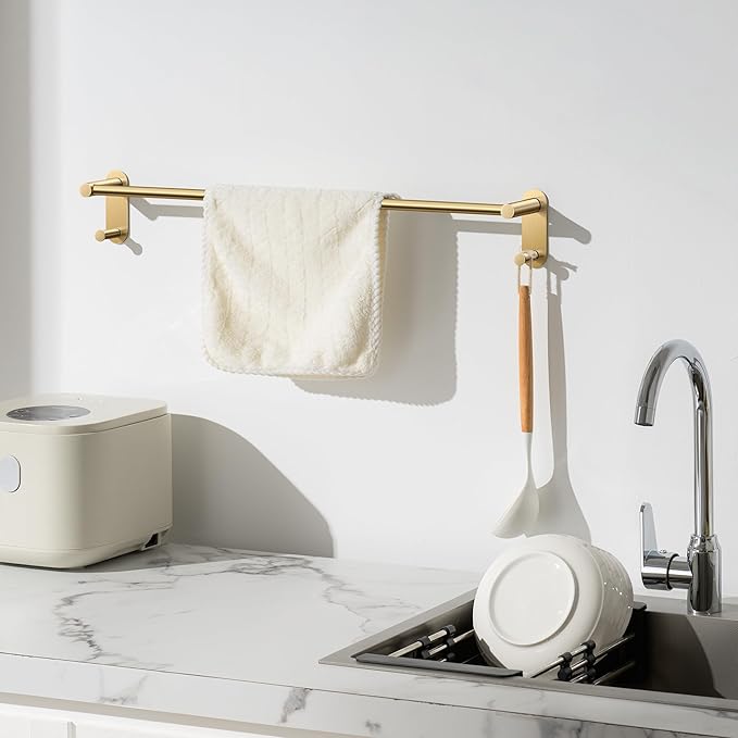 24 Inch Adhesive Towel Bar - Stainless Steel Stick on Towel Rack for Bathroom, No Drilling Towel Holder with 2 Hooks, Brushed Gold