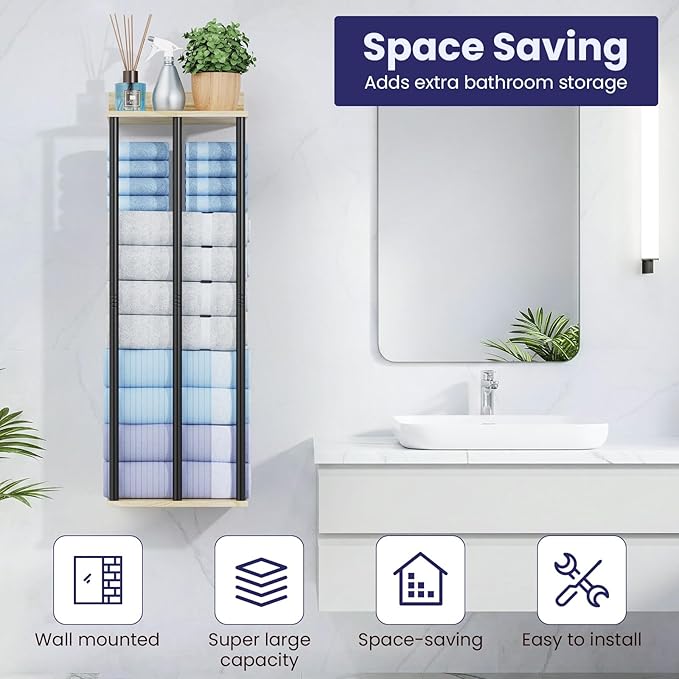 34 Inch Bathroom Towel Rack with Shelf – Modern Towel Holder for Bathroom Wall Mounted, Holds 6 Large Bath Towels, Rolled Towel Organizer for Bathroom, Laundry Room, and Small Space Storage