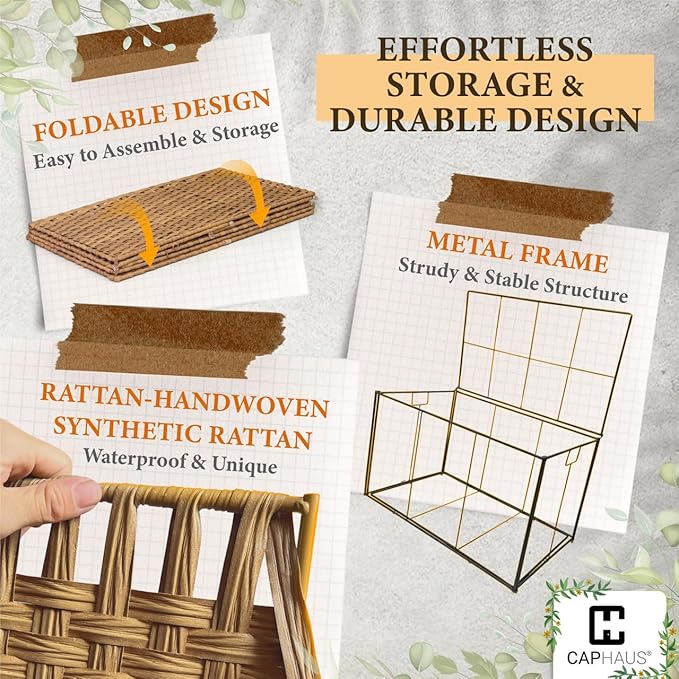 CAPHAUS Foldable Laundry Basket w/Lid, Synthetic Rattan Hamper w/Handles, 2 Removable Liner Bags, Large Storage Basket, 65L, Natural