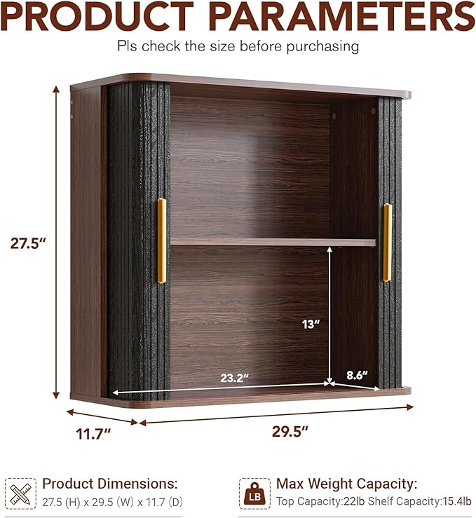 Furnaza Laundry Room Wall Cabinet with Fluted Sliding Door, 29.5" W Bathroom Medicine Cabinet with Adjustable Shelf, Wall Mounted Storage Cabinet for Living Room Kitchen, 11.7" D x 29.5" W x 27.68" H