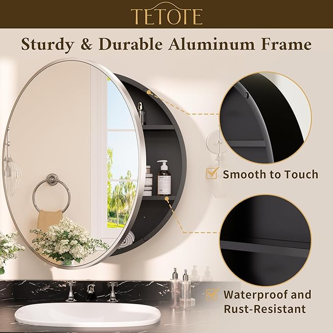 TETOTE 20 x 20 Inch Medicine Cabinet Mirror Brushed Nickel Framed Round Mirrored Medicine Cabinets for Bathroom Adjustable Shelves Modern Bathroom Mirror with Storage Wall Mounted