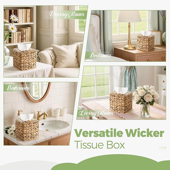 Tissue Box Cover, Square Wicker Tissue Box Holder Facial Tissues Boxes, Hand Woven Napkin Box Tissue Holder for Bathroom Bedroom Office Table Desk Night Stand, Boho Decorative, Natural
