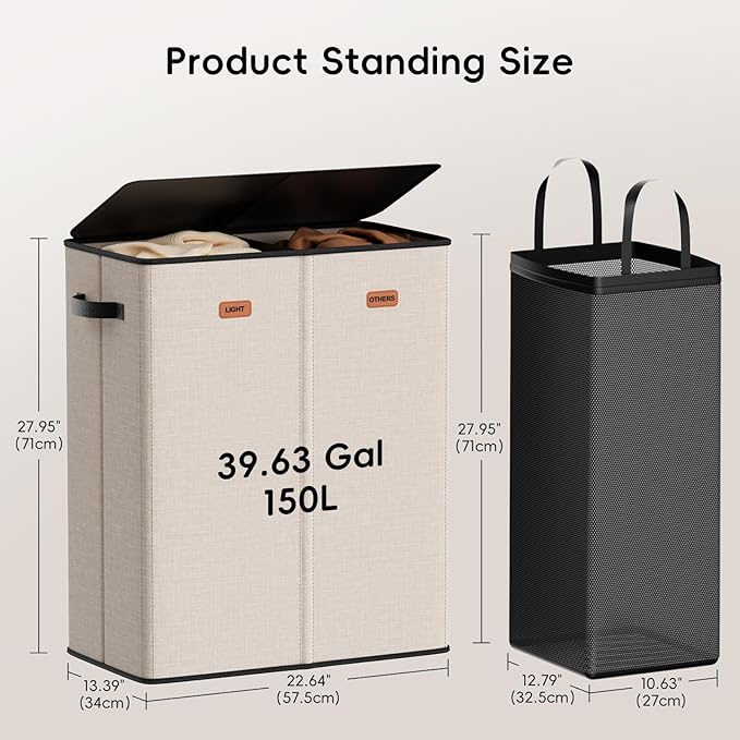 150L Double Laundry Hamper With Lid, Large Clothes Hampers with Removable Bag, Laundry Hamper 2 Section for Bathroom, Bedroom, Laundry Room, Dorm, Beige