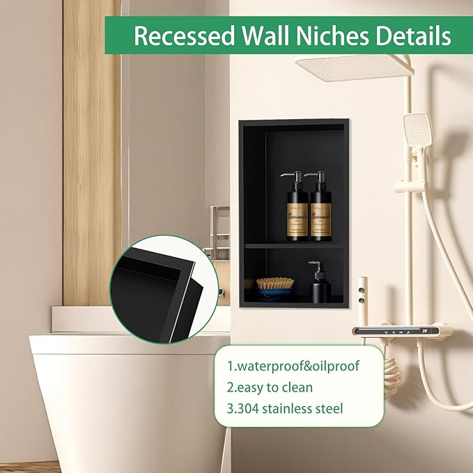 SaniteModar Shower Niche, Stainless Steel Shower Niche No Tile Needed, Recessed for Bathroom Storage (Black, 18" x 12" Double)