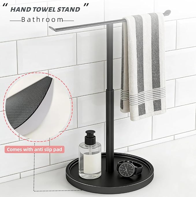 Hand Towel Holder Stand for Bathroom Countertop, Black T-Shape Towel Rack Free Standing, 16.5 Inch Adjustable Retractable, Stainless Steel Freestanding for Kitchen Bedroom Counter Organizer Waterproof