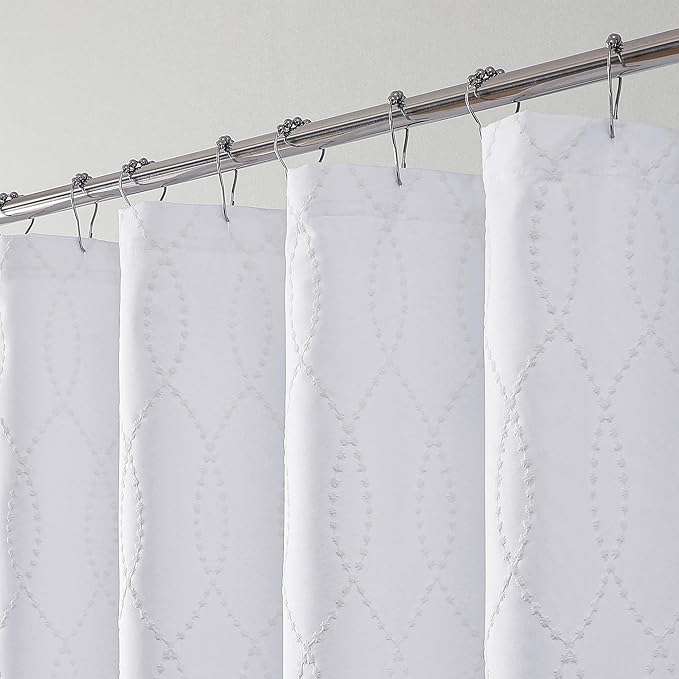 OVZME White Shower Curtain for Bathroom, Puff Printed Textured Shower Curtain with Tassels, Rustic Geometry Heavy Duty Vintage Country Bathroom Curtain, Water Resistant Fabric, 72Wx72L Inches