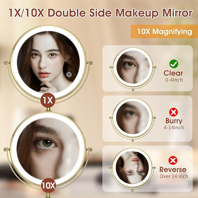 MILPROX 8 Inch Makeup Mirror with 10X Magnification & 3 Color Lights, Adjustable Brightness & Height, Rechargeable Double Sided 1X 10X Magnifying Mirror, Lighted Makeup Mirror Touch Sensor - Gold