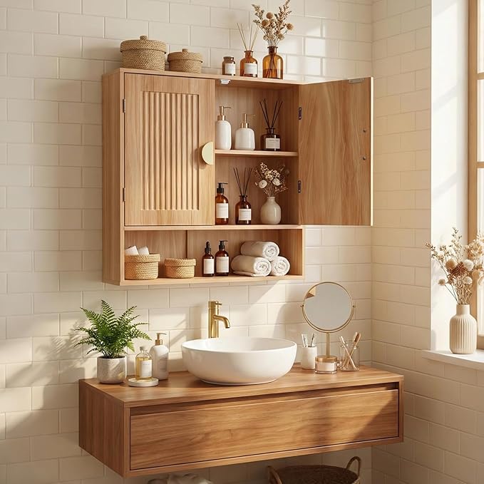Mazatzal Bathroom Medicine Cabinet, Modern Wall Storage Cabinet with Adjustable Wood Shelf & Grille Design Doors, Over The Toilet Storage Cabinets for Laundry Room, Kitchen, Living Room, Natural
