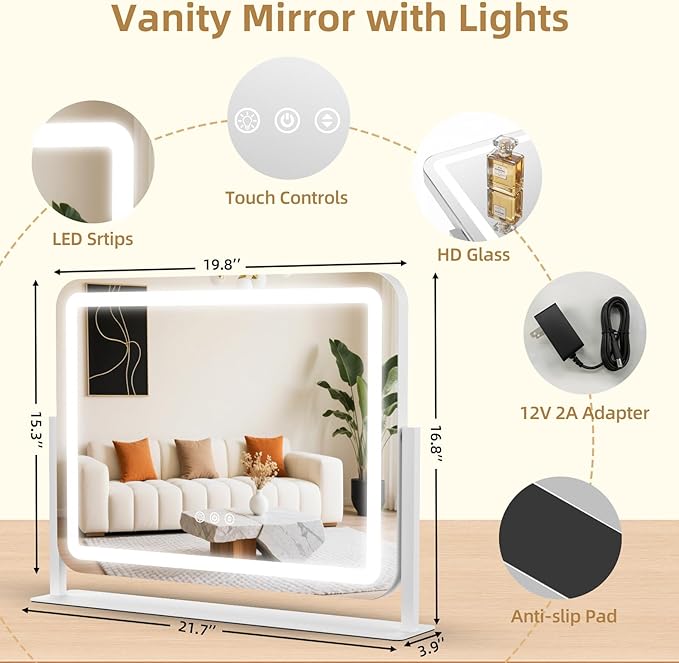 Vanity Mirror with Lights, Lighted Makeup Mirror with 10X Magnification, 3 Color Dimmble Lights, Touch Control, 360° Rotation, Metal Frame, Women's Gift, for Bedroom/Dressing Room, White
