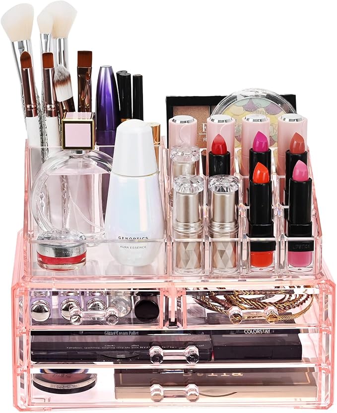 Ikee Design Pink Jewelry & Cosmetic Storage Display Boxes Two Pieces Set, Pink Cosmetic Jewelry Organizer Makeup Holder, Organizer for Vanity