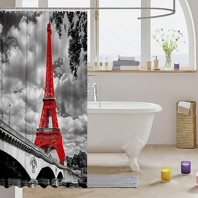 Feelyou Eiffel Tower Shower Curtain Chic Paris Theme Bathroom Shower Curtain for Stalls Bathtubs Bright Red Paris Cityscape Bath Curtain Modern French Style Waterproof Curtain Room Decor 72Wx72L