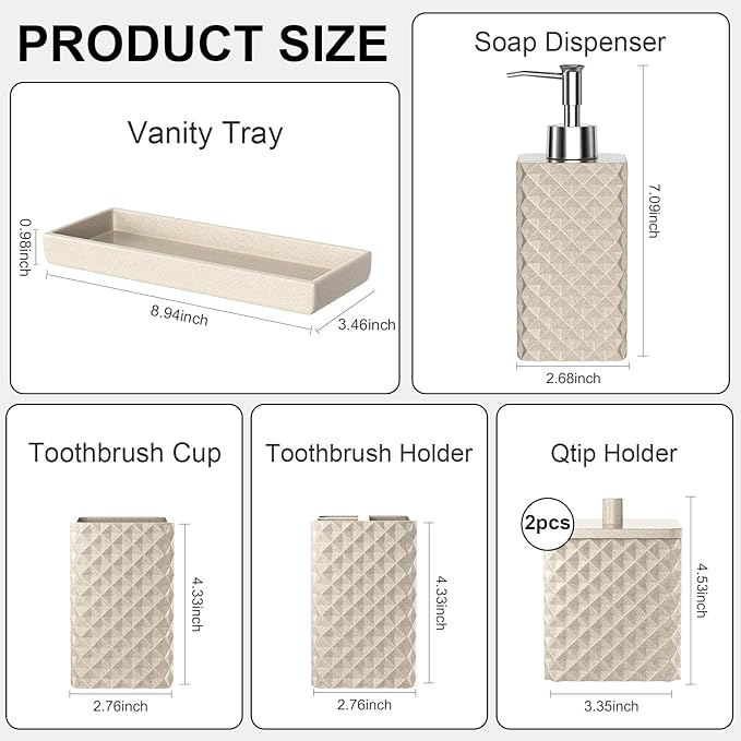 Bathroom Accessories Set Resin 6PCS, Square Toothbrush Holders Set Complete with Soap Dispenser, Vanity Tray, Tumbler, Cups and Cotton Swab Jars (Beige Diamond, Resin Bath 6 PCS)