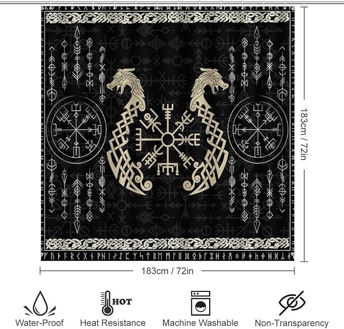 Brebasf Norse Vikings 4 Pcs Waterproof Shower Curtain Set Abstract Dragon Retro Mystical Symbol Compass with Waterproof Toilet Cover Shower Mat Rugs,72" W x 72" L