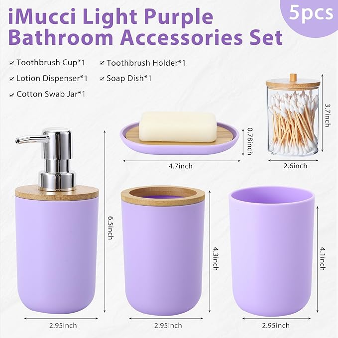 iMucci Bathroom Accessories Set 5Piece Light Purple Bathroom Sets, Toothbrush Holder, Toothbrush Cup, Lotion Soap Dispenser, Soap Dish and Qtip Holder Bathroom Decor