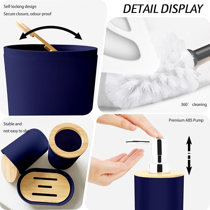 Lnond Blue Bathroom Set, Blue Abstract Cubes Bathroom Accessories Sets Complete, Luxury Restroom Set with Shower Curtain and Rugs, Trash Can, Toilet Brush Holder Set & Soap Dispenser
