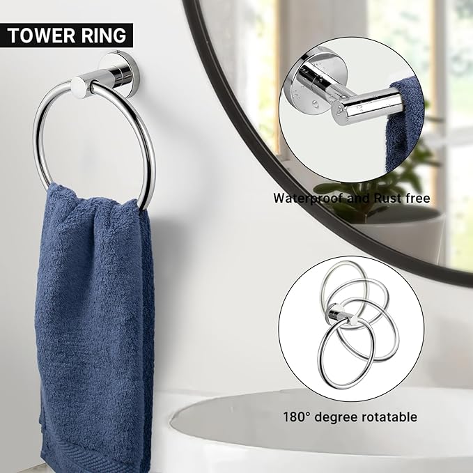 10 Piece Brushed Chrome Bathroom Hardware Set, Towel bar Set Include 24 inch Silver Towel bar, Bathroom Towel Rack, Towel Ring, Toilet Paper Holder, Towel Hook, Bathroom Accessories Set