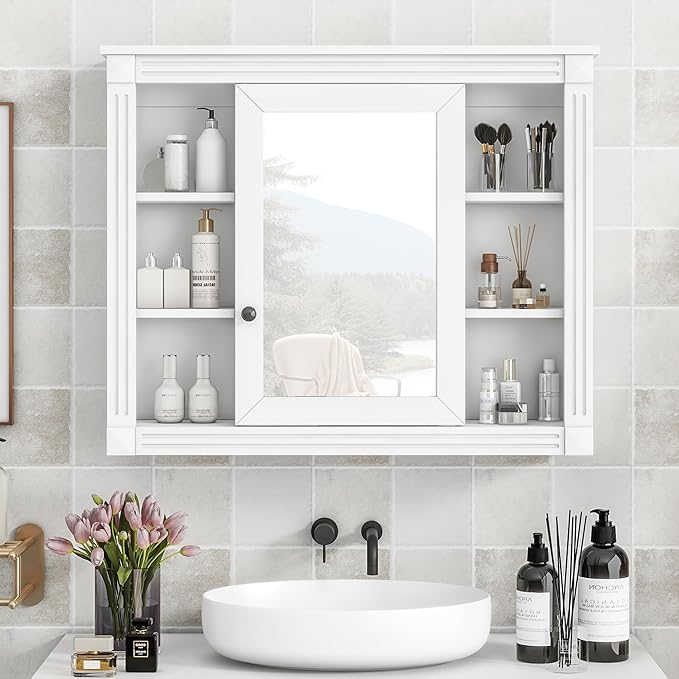 Merax Medicine Cabinet with Mirror, Wall Mount Bathroom Cabinet 35" x 28" Over Toilet Storage Cabinet Organizer with Door and Open Shelves, Mirrored Bathroom Wall Cabinet
