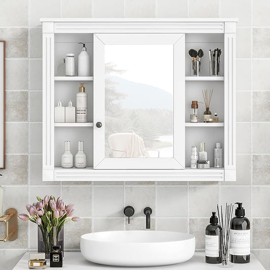 Merax Medicine Cabinet with Mirror, Wall Mount Bathroom Cabinet 35" x 28" Over Toilet Storage Cabinet Organizer with Door and Open Shelves, Mirrored Bathroom Wall Cabinet