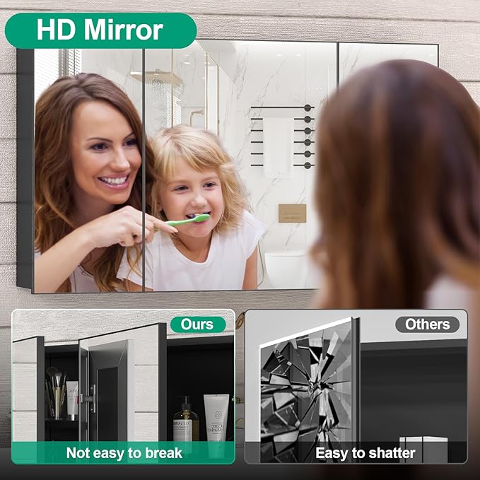 40 x 28 Farmhouse Medicine Cabinet, Tempered Frameless Bathroom Mirror with Storage, Black Recessed or Surface Mount Aluminum Medicine Cabinet for Bathroom Modern-Large