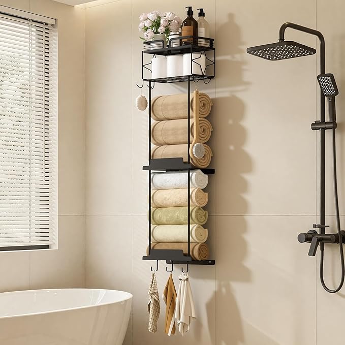 Towel Racks for Bathroom 39.9 Inch Wall Mounted Towel Rack with Shelf, Bathroom Towel Storage Holds 6 Large Rolled Towels, Metal Wall Towel Rack, Black