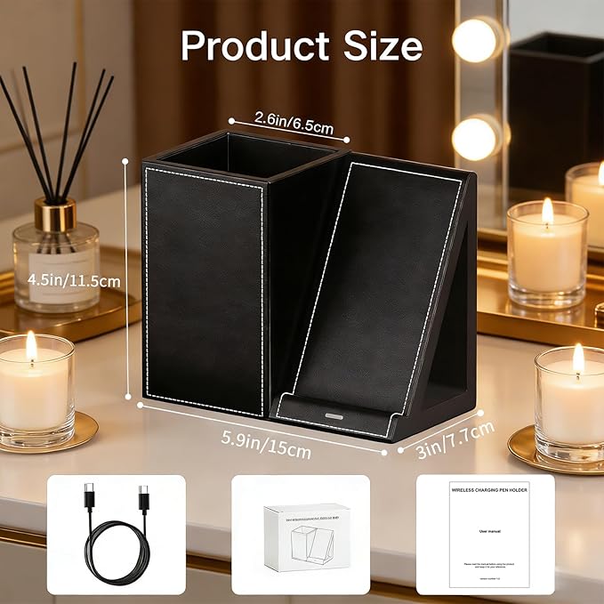 LADSTAG Makeup Brush Holder,Leather Makeup Brush Holder Organizer with phone charging stand???Makeup Organizers Countertop, Makeup organization and Skincare Storage for Vanity, Desktop, Bathroom