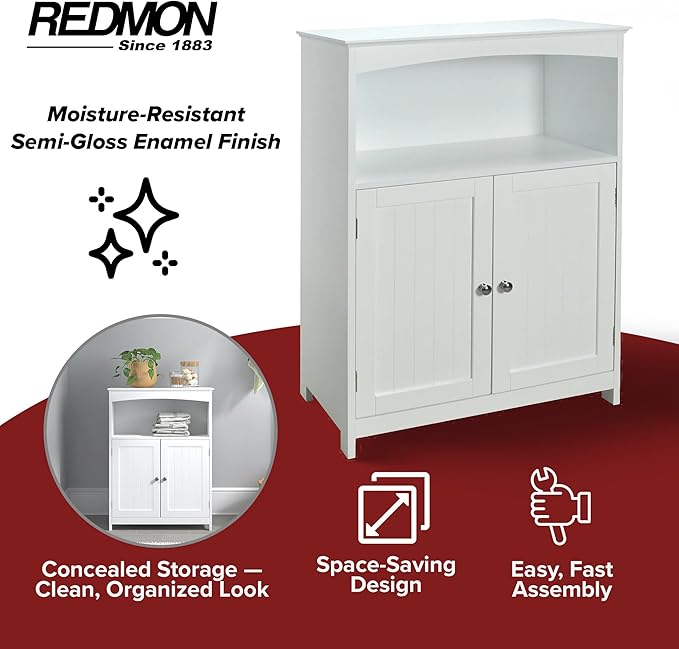Beadboard Double Door Multi Room Freestanding Floor Cabinet, Open Top Shelf With Arched Accent, Adjustable Center Shelf, 25 Inch Width x 12 Inch Depth x 33 Inch Tall, White Semi Gloss Enamel Finish