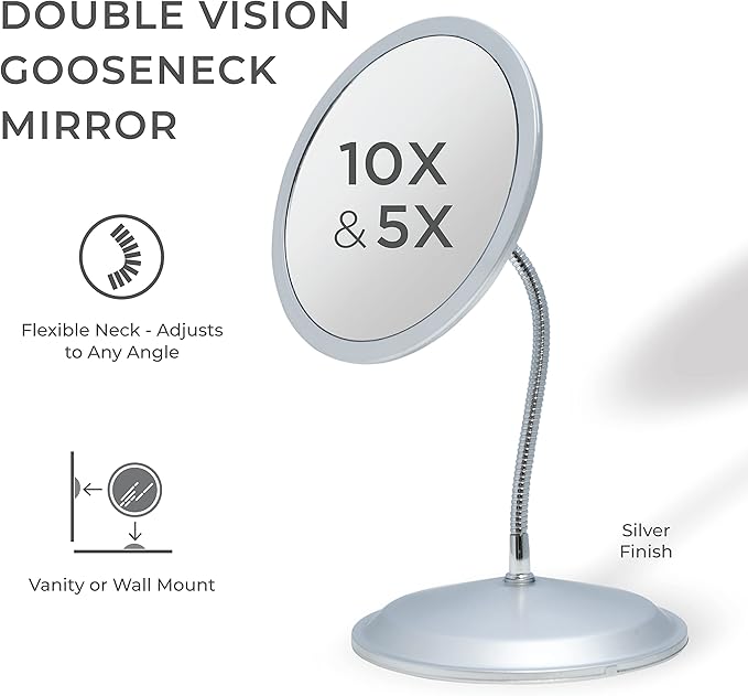 Double Vision™ Gooseneck Vanity/Wall Mount Mirror 5X/10X Magnification, Made in the USA