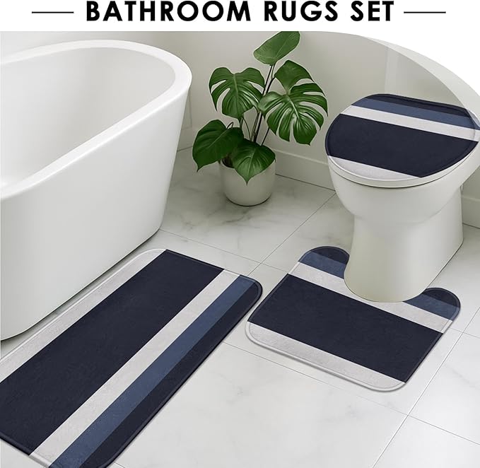Striped Blue Shower Curtain Set with Toilet Lid Cover and Non-Slip Rugs for Bathroom, Minimalist Navy Geometric 4 Pcs Shower Curtain, Modern Bathroom Set with 12 Hooks