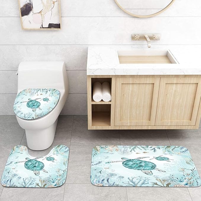4 Piece Shower Curtain Set, Sea Turtle Waterproof Bathroom Set Accessories with Non-Slip Rugs, Toilet Lid Cover Bath Mat and 12 Hooks, Underwater Coral Starfish Animal Home Decor 72" x 72"