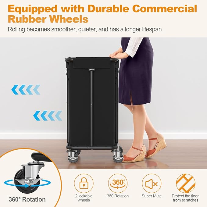 Hodonas Laundry Basket with Wheels, Rolling Laundry Hamper, 30 Gal.(115L), Removable and Machine Washable Liner, Steel Frame, Tall Laundry Cart for Laundry Room, Bedroom, Bathroom, Dorm Storage -Black